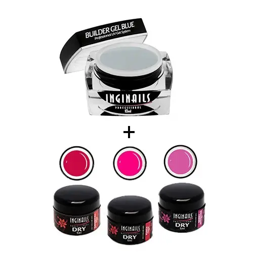Szett Inginails Professional Blushy Pink - Builder Gel Blue 10ml + 3db DRY Colour zselé