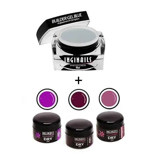Szett Inginails Professional Vivid Violet - Builder Gel Blue 10ml + 3db DRY Color zselé