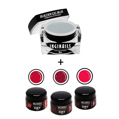 Szett Inginails Professional Strawberry Red - Builder Gel Blue 10ml + 3db DRY Color zselé