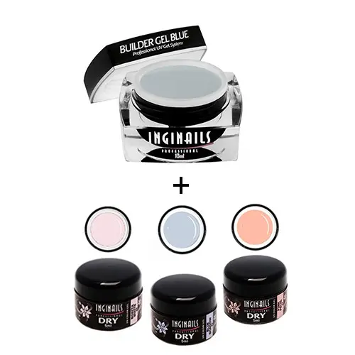 Szett Inginails Professional Soft Cotton - Builder Gel Blue 10ml + 3db DRY Color zselé