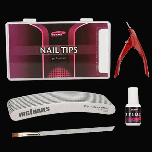 Modellező szett: 10db körömreszelő + műköröm tip + ragasztó + tipvágó + ecset