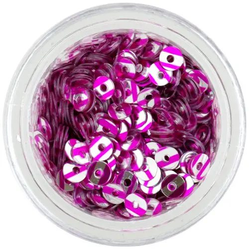 CD flitterek – ezüst színű lyukas kör rózsaszín csíkokkal